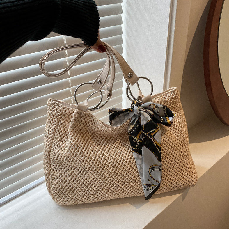 Woven straw shoulder bag in white color with large capacity and summer beach style (Color: White)