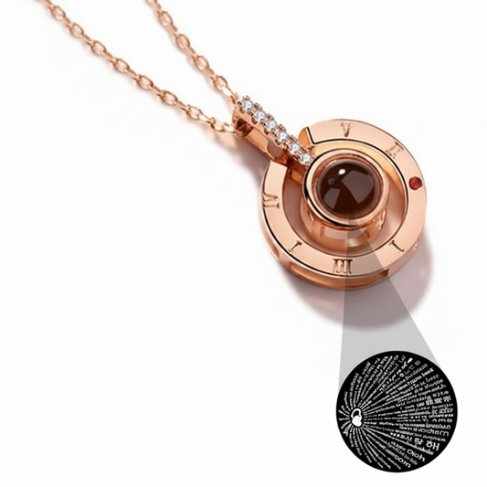 100 languages i love you necklace in rose gold color with nano projection pendant and romantic infinity inspired design (Color: Rose Gold)