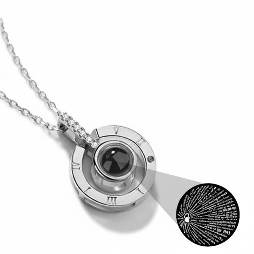 100 languages i love you necklace in silver color with nano projection pendant and romantic infinity inspired design (Color: Silver)
