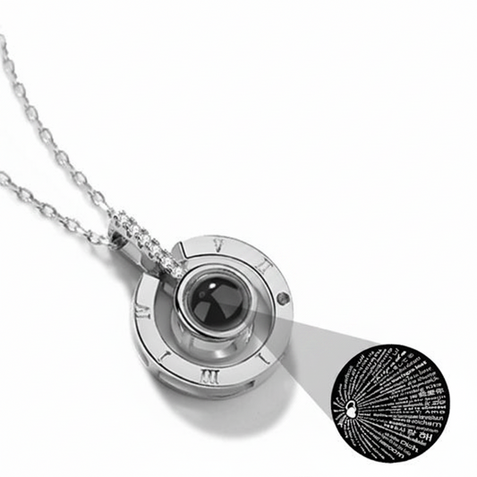 100 languages i love you necklace in silver color with nano projection pendant and romantic infinity inspired design (Color: Silver)