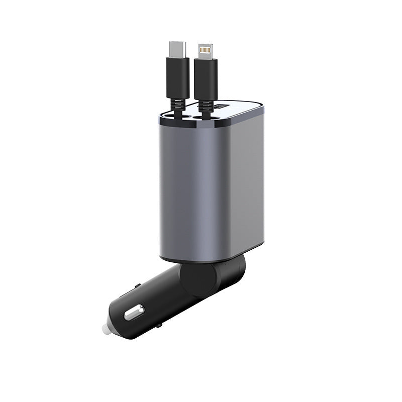 100W fast charging retractable car charger with multiple cables for iPhone, Android, and USB-C devices depiction of IOS and Type-C cables (Style: IOS & Type-C)