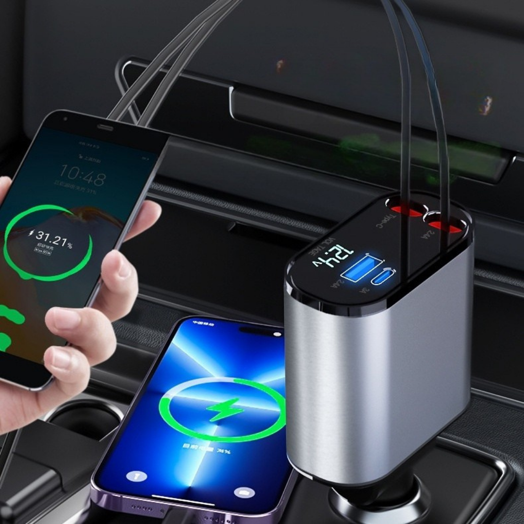 100W fast charging retractable car charger with multiple cables for iPhone, Android, and USB-C devices