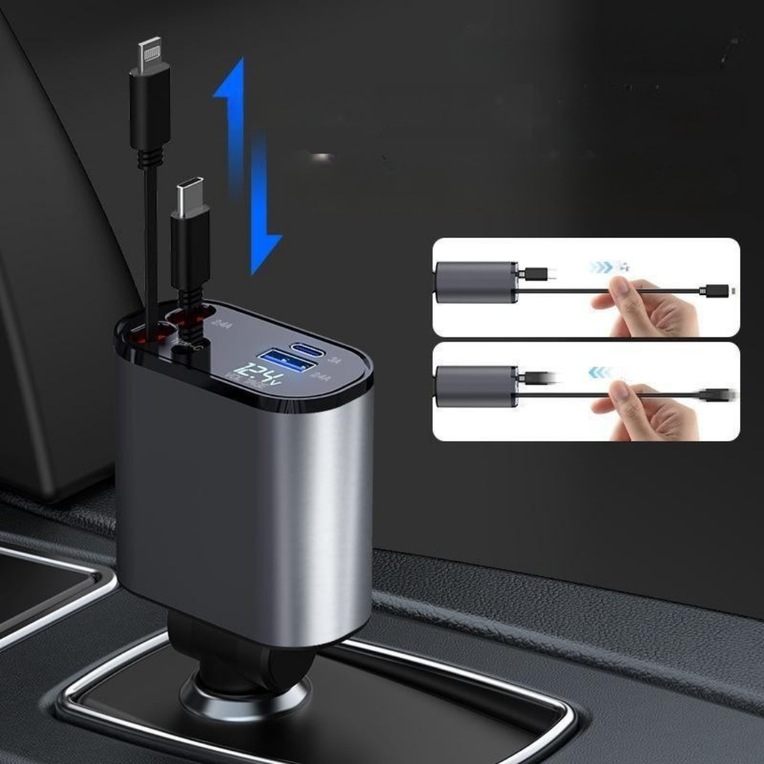 100W fast charging retractable car charger with multiple cables for iPhone, Android, and USB-C devices depiction of retracting cables