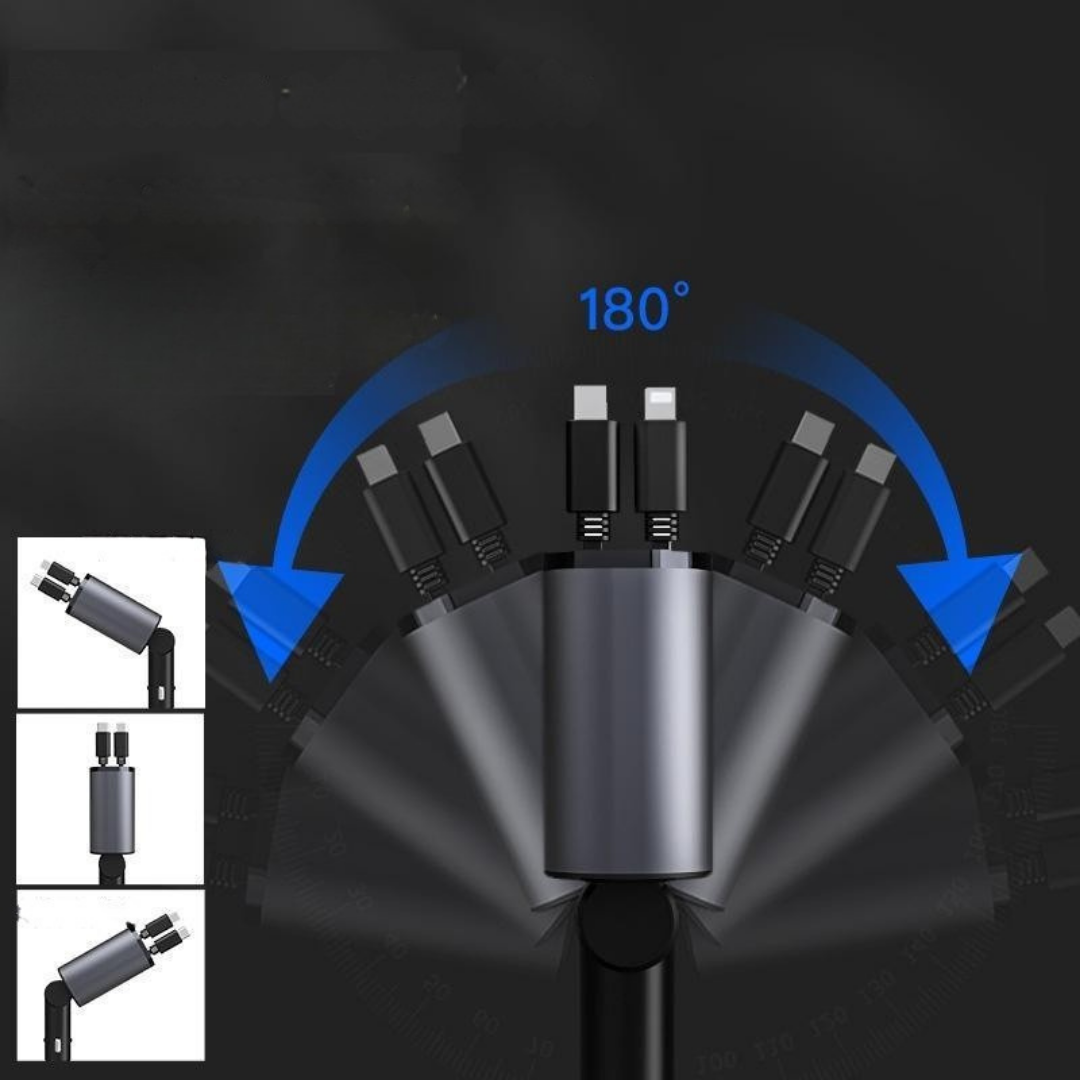 100W fast charging retractable car charger with multiple cables for iPhone, Android, and USB-C devices depiction of 180 degrees rotation