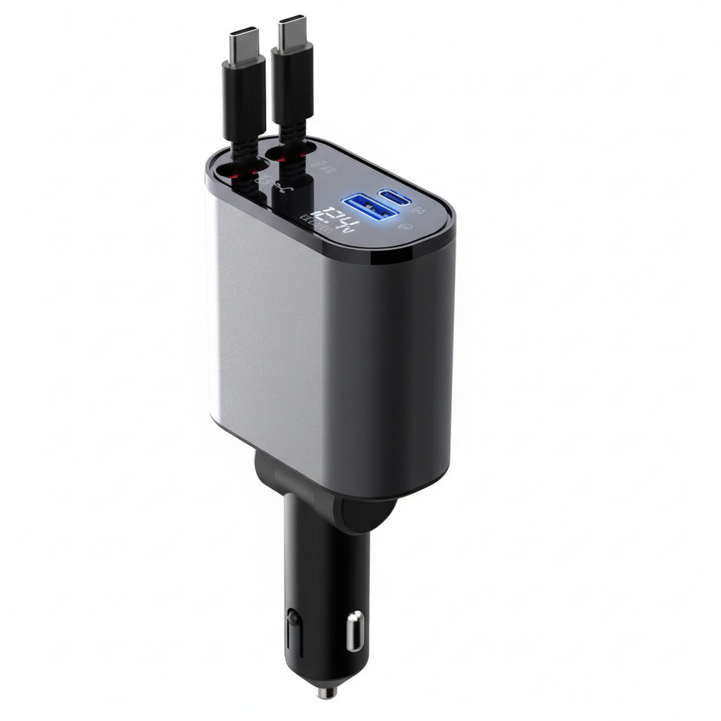 100W fast charging retractable car charger with multiple cables for iPhone, Android, and USB-C devices depiction of Type-C and Type-C cables (Style: Type-C & Type-C)