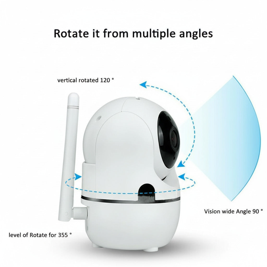 1080P WiFi indoor security camera with night vision, motion detection, and two-way audio for home monitoring depiction of rotation