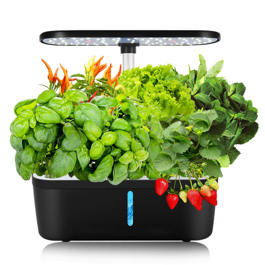 12 pod hydroponic growing system in black color for indoor soil free herb and vegetable gardening (Color: Black)