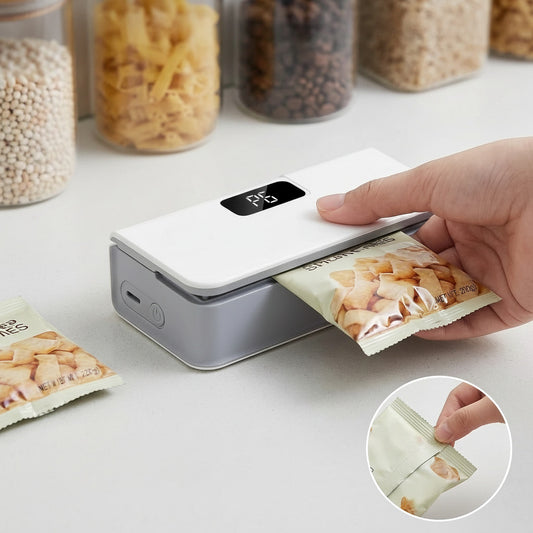 2 in 1 bag sealer and cutter with rechargeable design and adjustable heat settings for food freshness depiction of use