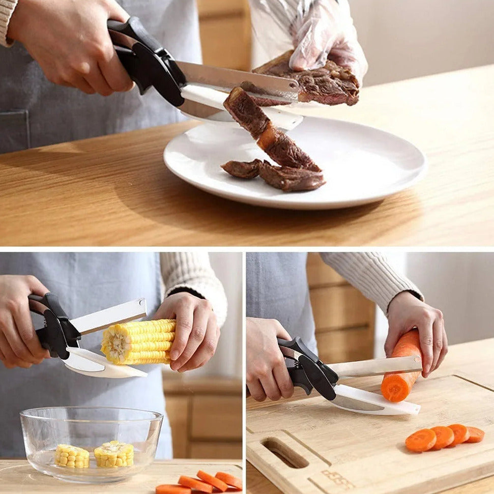 2 in 1 kitchen scissors with cutting board stainless steel blades for chopping vegetables and meat depiction of use