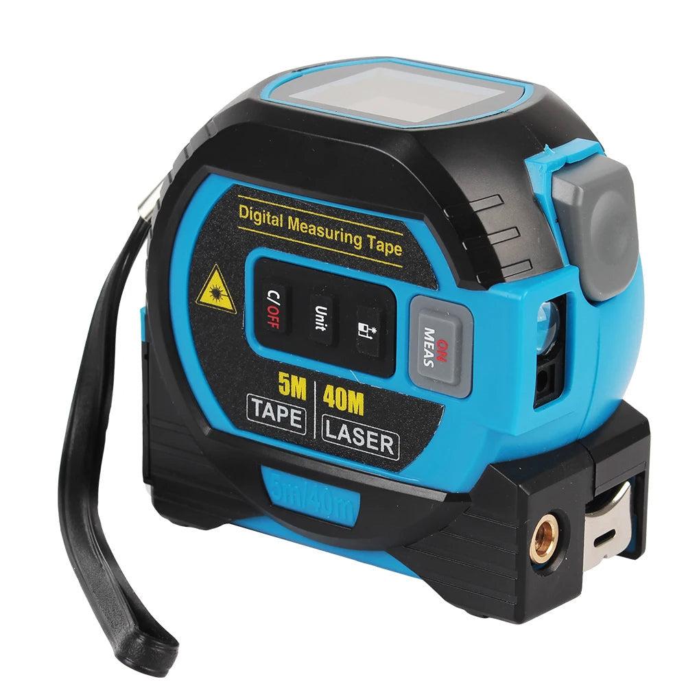 2 in 1 laser tape measure in blue color  with digital display depiction of tape measure with up to 130 ft measurement range (Range: 130 ft (40 m)) (Color: Blue)