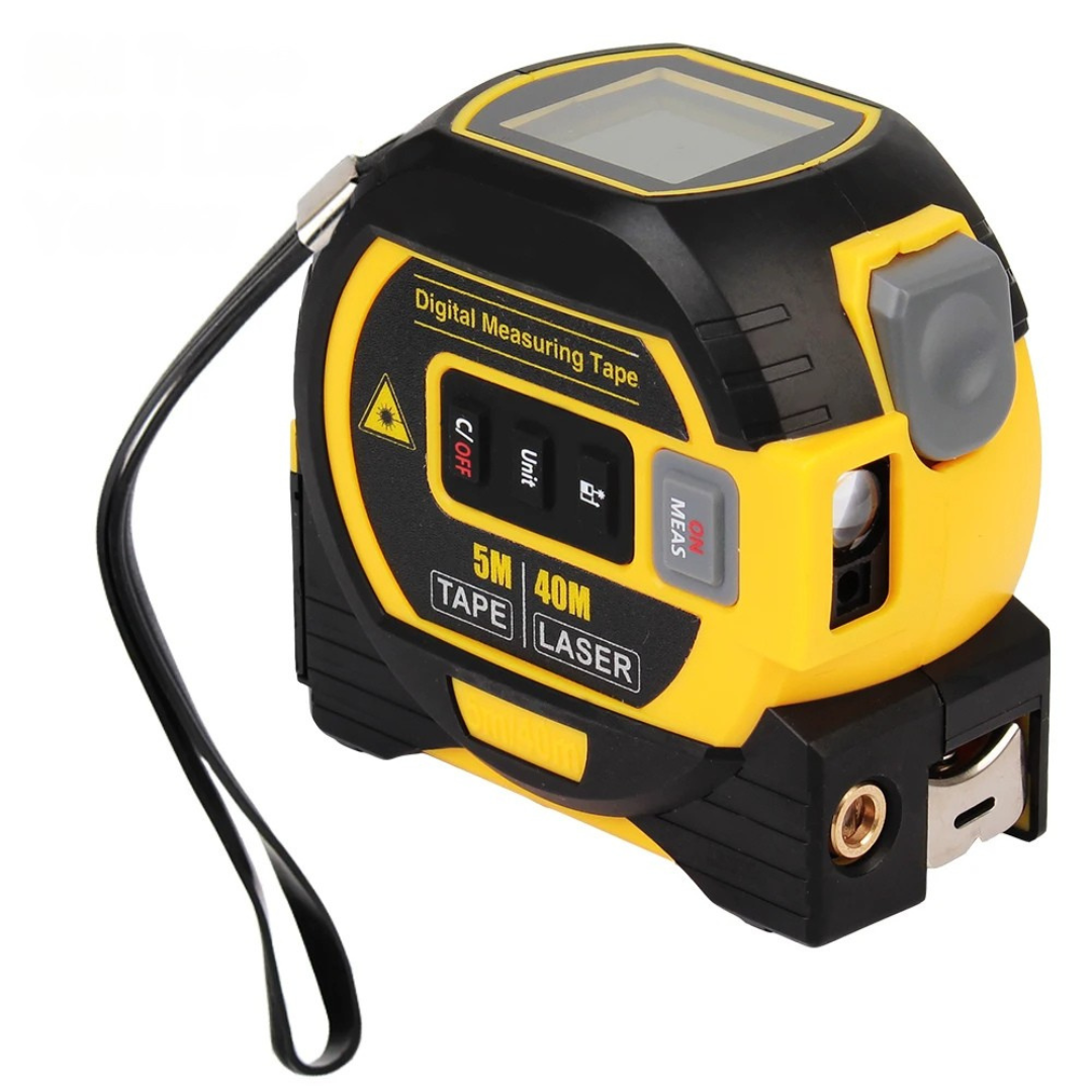 2 in 1 laser tape measure in yellow color  with digital display depiction of tape measure with up to 130 ft measurement range (Range: 130 ft (40 m)) (Color: Yellow)
