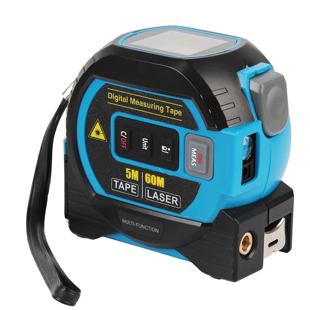 2 in 1 laser tape measure in blue color  with digital display depiction of tape measure with up to 196 ft measurement range (Range: 196 ft (60 m)) (Color: Blue)