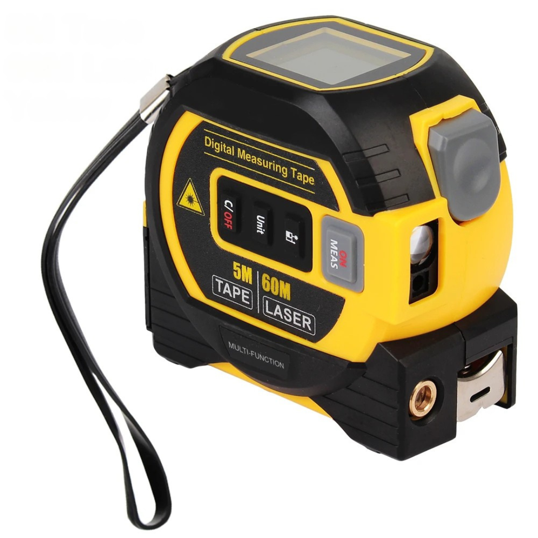 2 in 1 laser tape measure in yellow color  with digital display depiction of tape measure with up to 196 ft measurement range (Range: 196 ft (60 m)) (Color: Yellow)