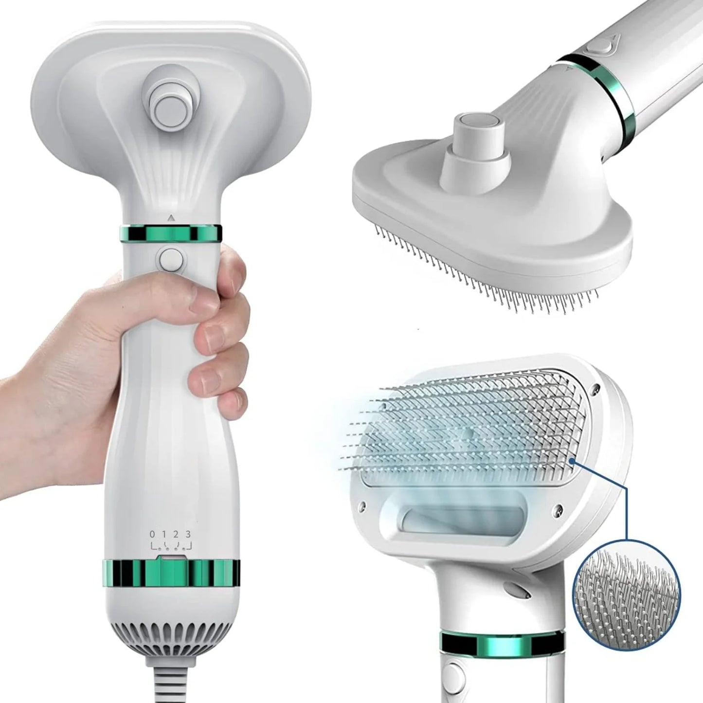 2 in 1 pet drying and grooming brush with heat settings and self cleaning button