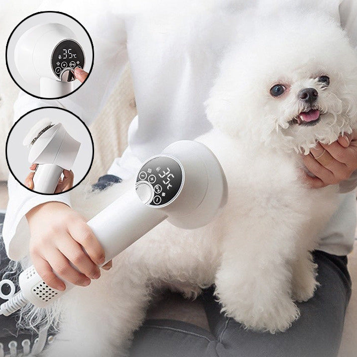 2-in-1 pet hair dryer and grooming brush designed for drying and brushing dogs and cats during grooming