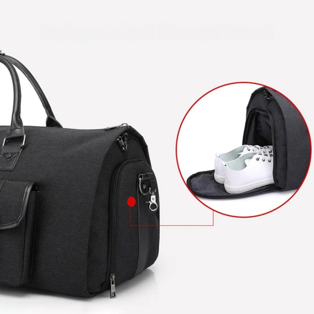 2 in 1 suit garment bag that converts to duffel with shoe compartment and waterproof material depiction of shoe compartment