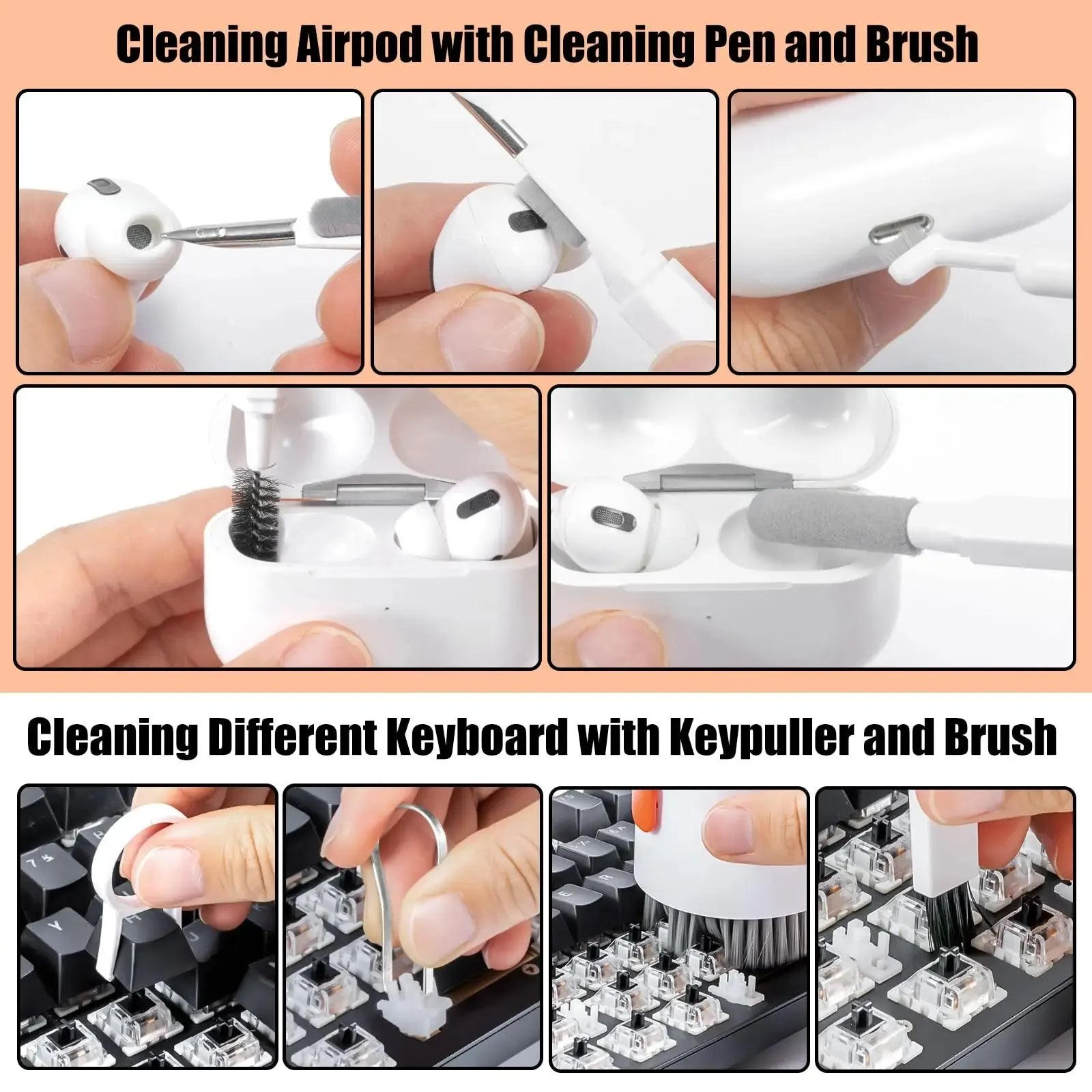 20 in 1 electronics cleaning kit with brushes air blower and tools for keyboards screens and earbuds depiction of cleaning airpods and keyboards