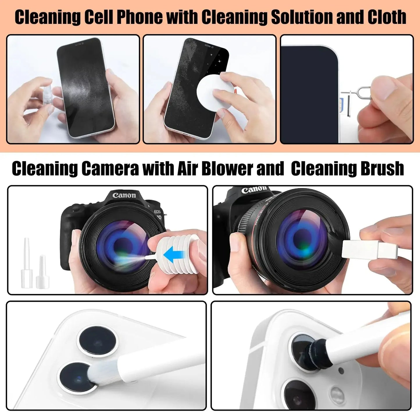 20 in 1 electronics cleaning kit with brushes air blower and tools for keyboards screens and earbuds depiction of cleaning cell phones and camera
