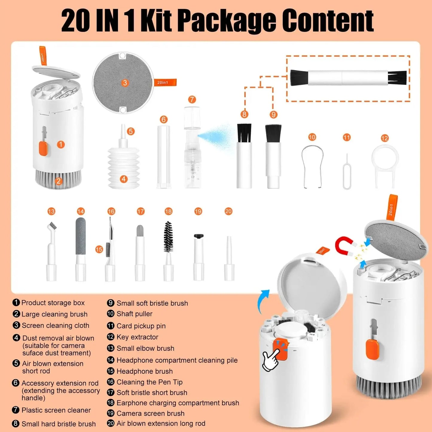 20 in 1 electronics cleaning kit with brushes air blower and tools for keyboards screens and earbuds cotents
