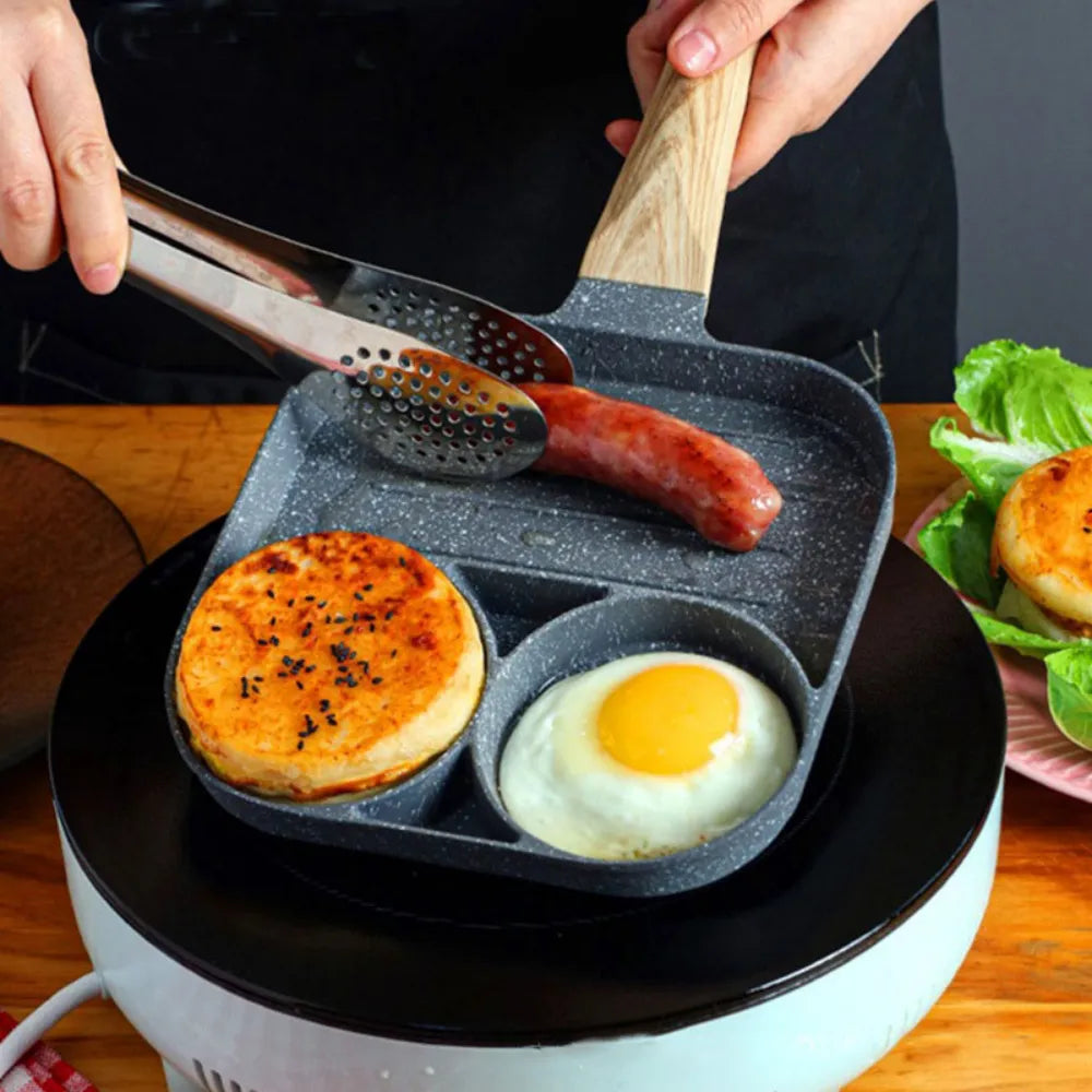 3 in 1 breakfast frying pan with multiple sections for cooking eggs bacon and pancakes in use