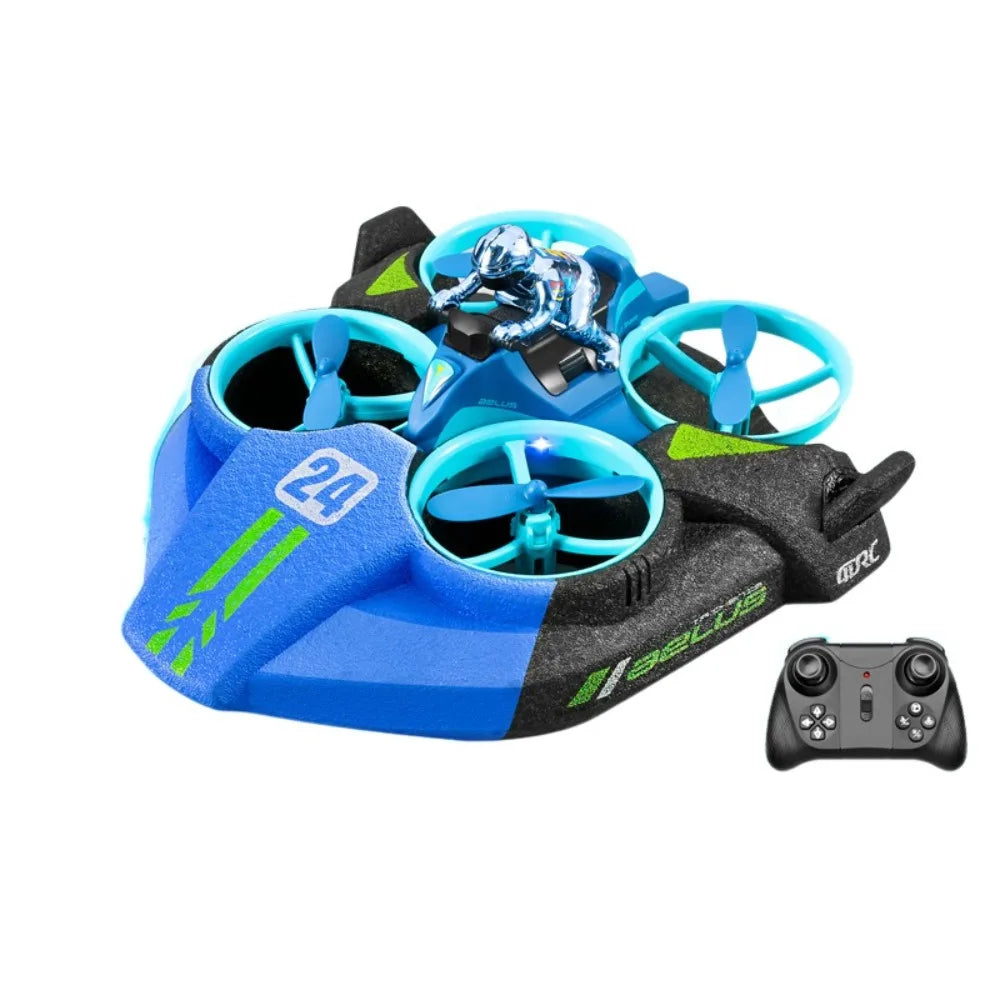 3-in-1 mini RC drone in blue color that transforms into quadcopter, hovercraft, and boat for air, land, and water play (Color: Blue)
