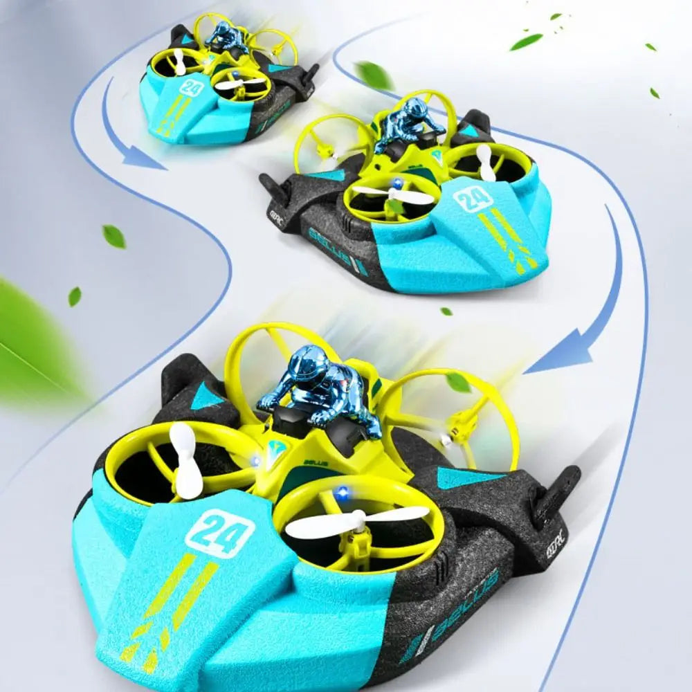 3-in-1 mini RC drone that transforms into quadcopter, hovercraft, and boat for air, land, and water play depiction of fun play