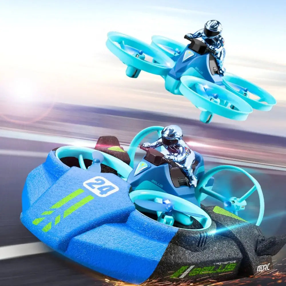 3-in-1 mini RC drone that transforms into quadcopter, hovercraft, and boat for air, land, and water play