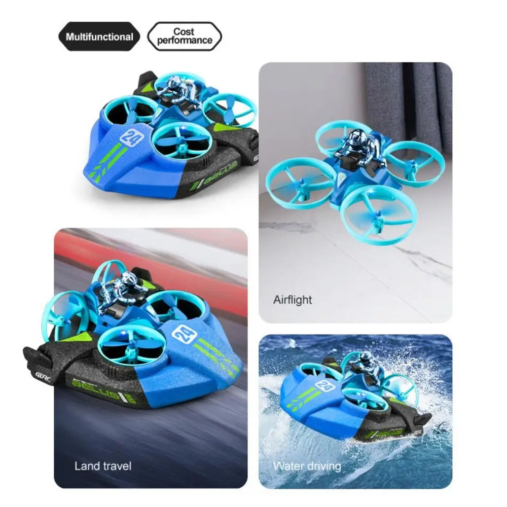 3-in-1 mini RC drone that transforms into quadcopter, hovercraft, and boat for air, land, and water play depiction of use areas