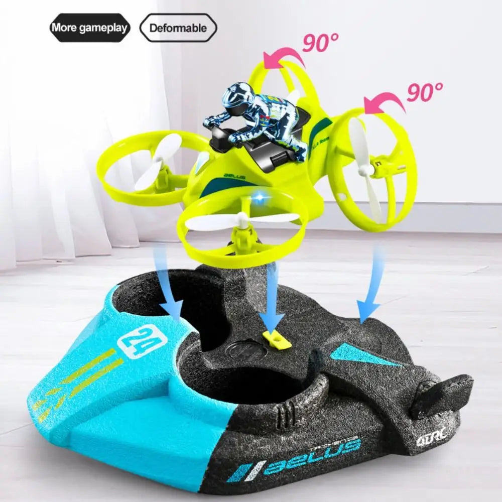 3-in-1 mini RC drone that transforms into quadcopter, hovercraft, and boat for air, land, and water play depiction of integrating pilot accessory