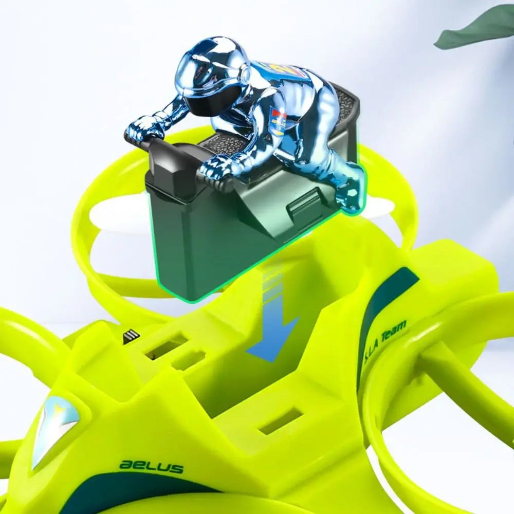 3-in-1 mini RC drone that transforms into quadcopter, hovercraft, and boat for air, land, and water play depiction of pilot accessory