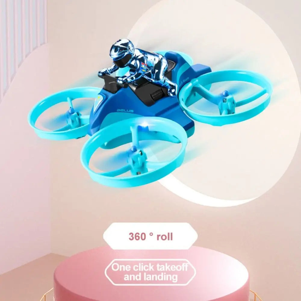 3-in-1 mini RC drone that transforms into quadcopter, hovercraft, and boat for air, land, and water play depiction of 360 degrees rotation
