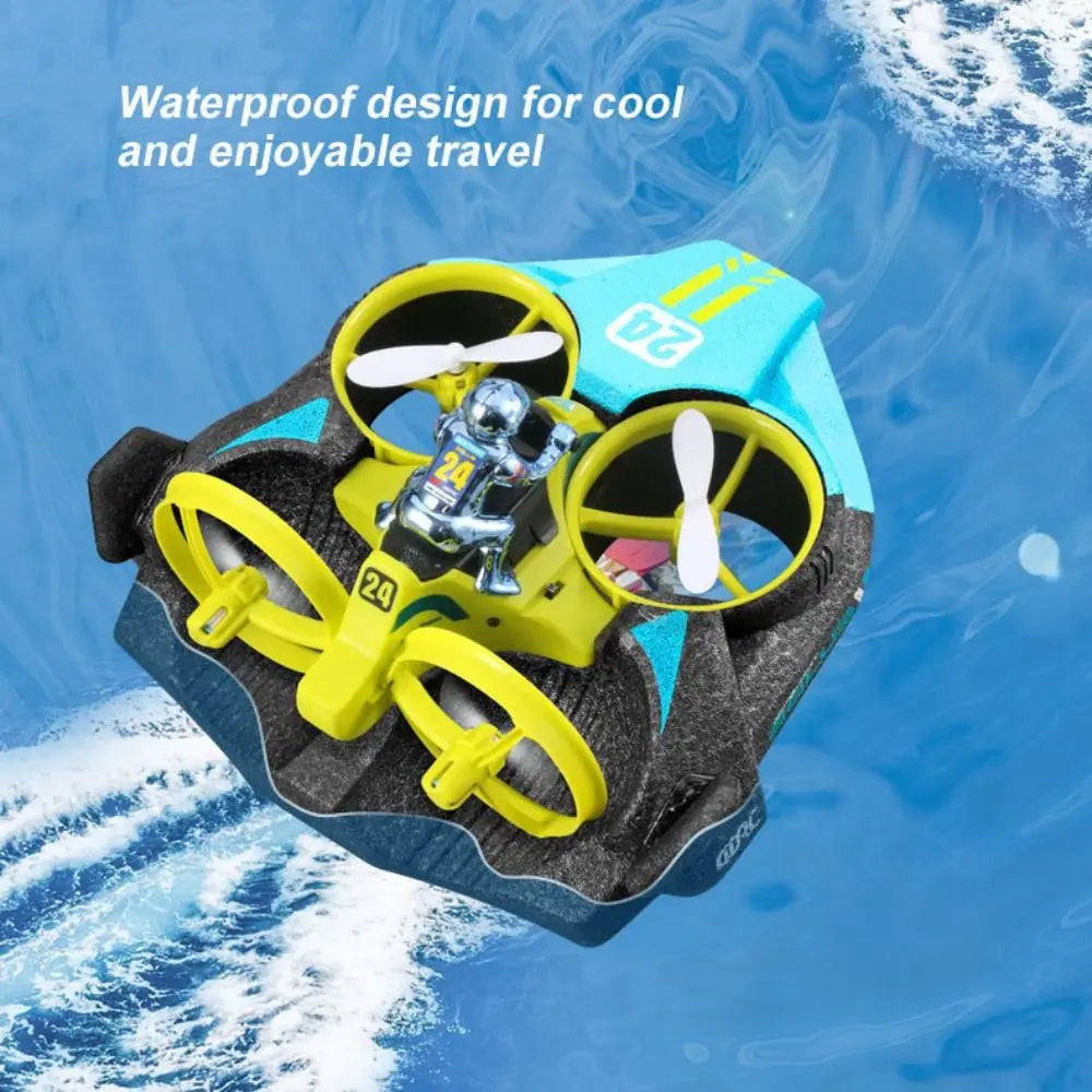 3-in-1 mini RC drone that transforms into quadcopter, hovercraft, and boat for air, land, and water play depiction of waterproof feature