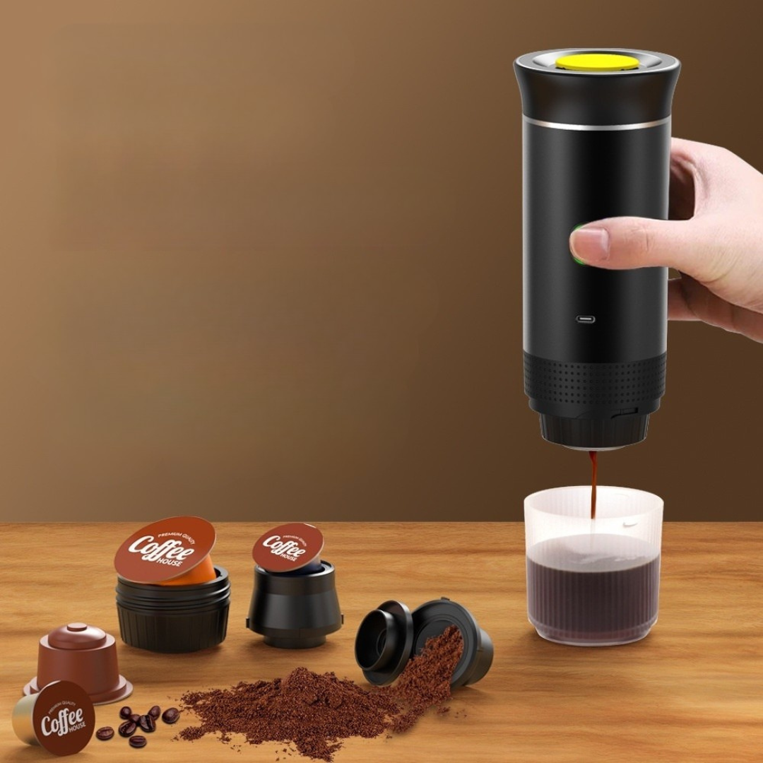 3 in 1 portable espresso machine compatible with capsules and ground coffee for travel and daily brewing depiction of use