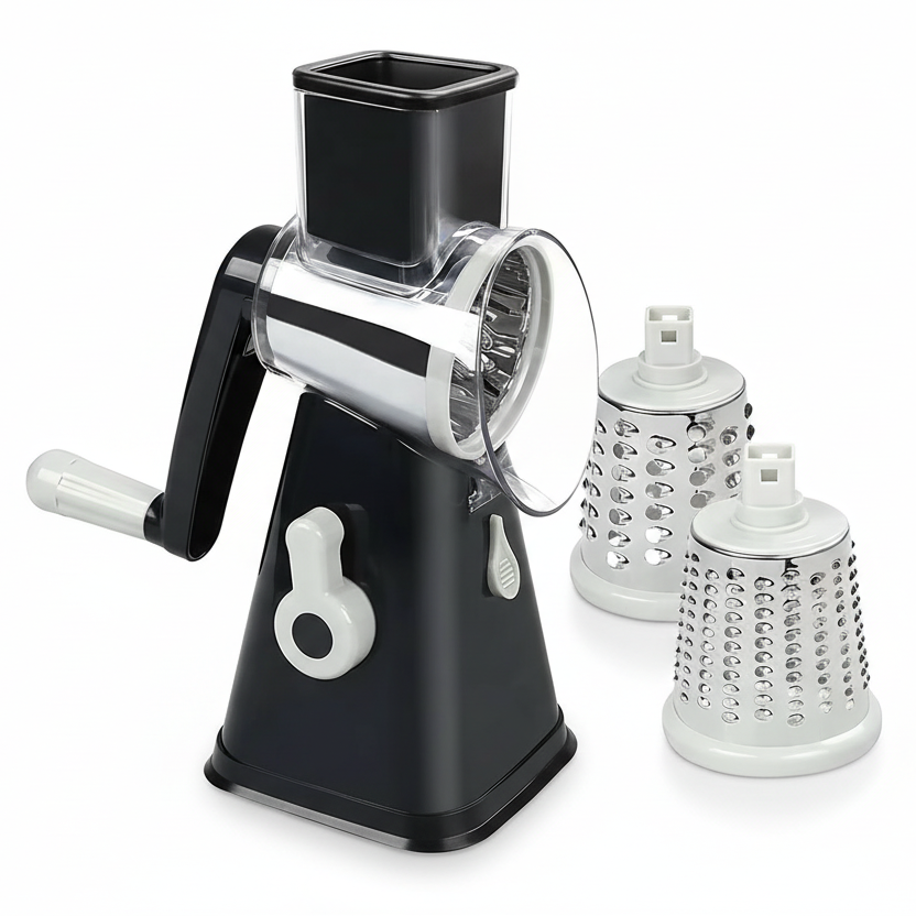 3 in 1 rotary cheese grater and vegetable slicer in black color with interchangeable blades and suction base (Color: Black)