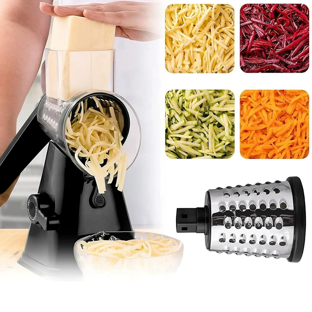 3 in 1 rotary cheese grater and vegetable slicer with interchangeable blades and suction base depiction of coarse shredding
