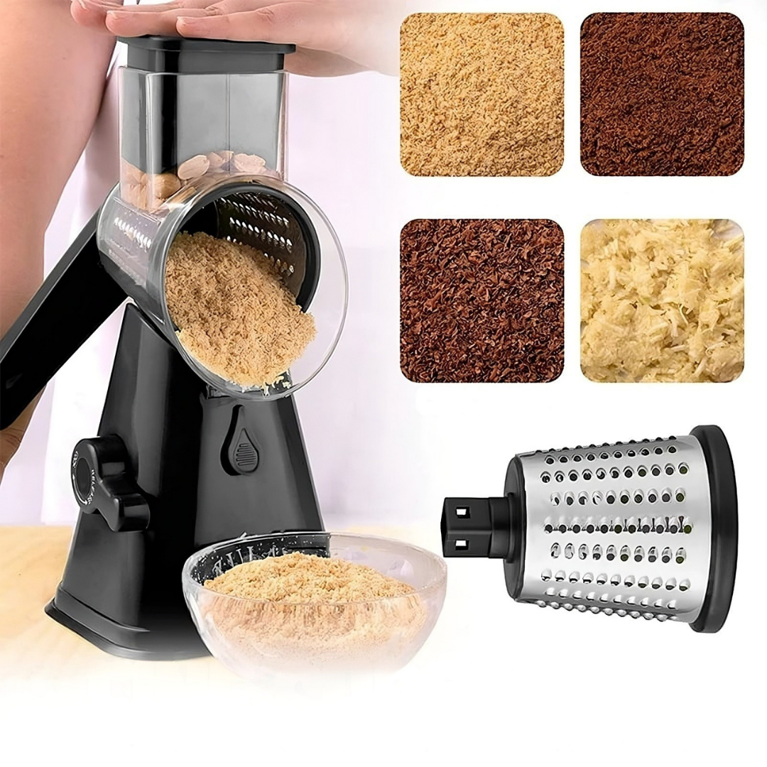 3 in 1 rotary cheese grater and vegetable slicer with interchangeable blades and suction base depiction of fine shredding