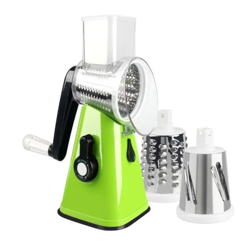 3 in 1 rotary cheese grater and vegetable slicer in green color with interchangeable blades and suction base (Color: Green)