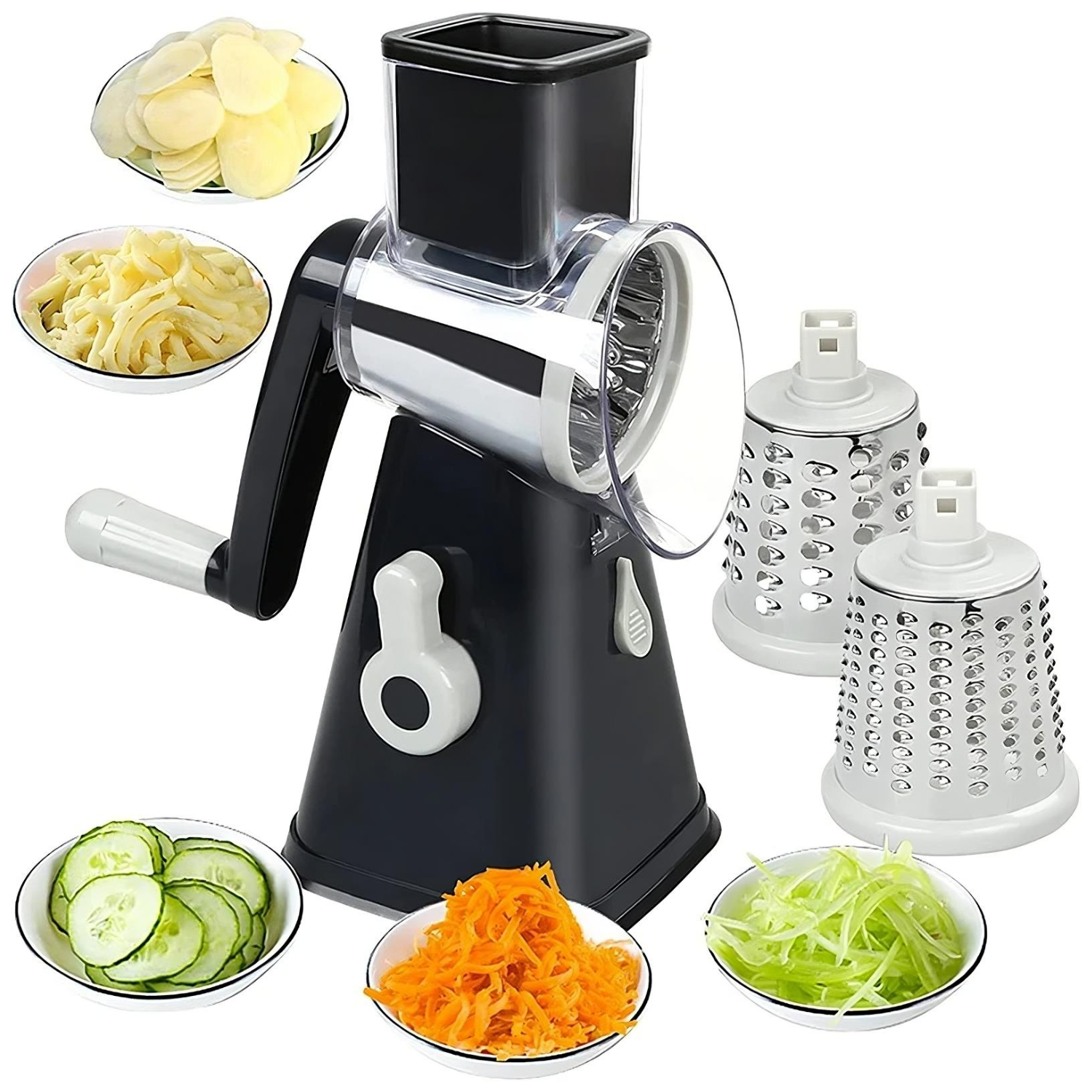 3 in 1 rotary cheese grater and vegetable slicer with interchangeable blades and suction base product shot