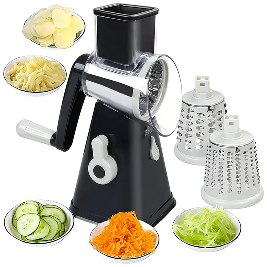 3 in 1 rotary cheese grater and vegetable slicer with interchangeable blades and suction base product shot