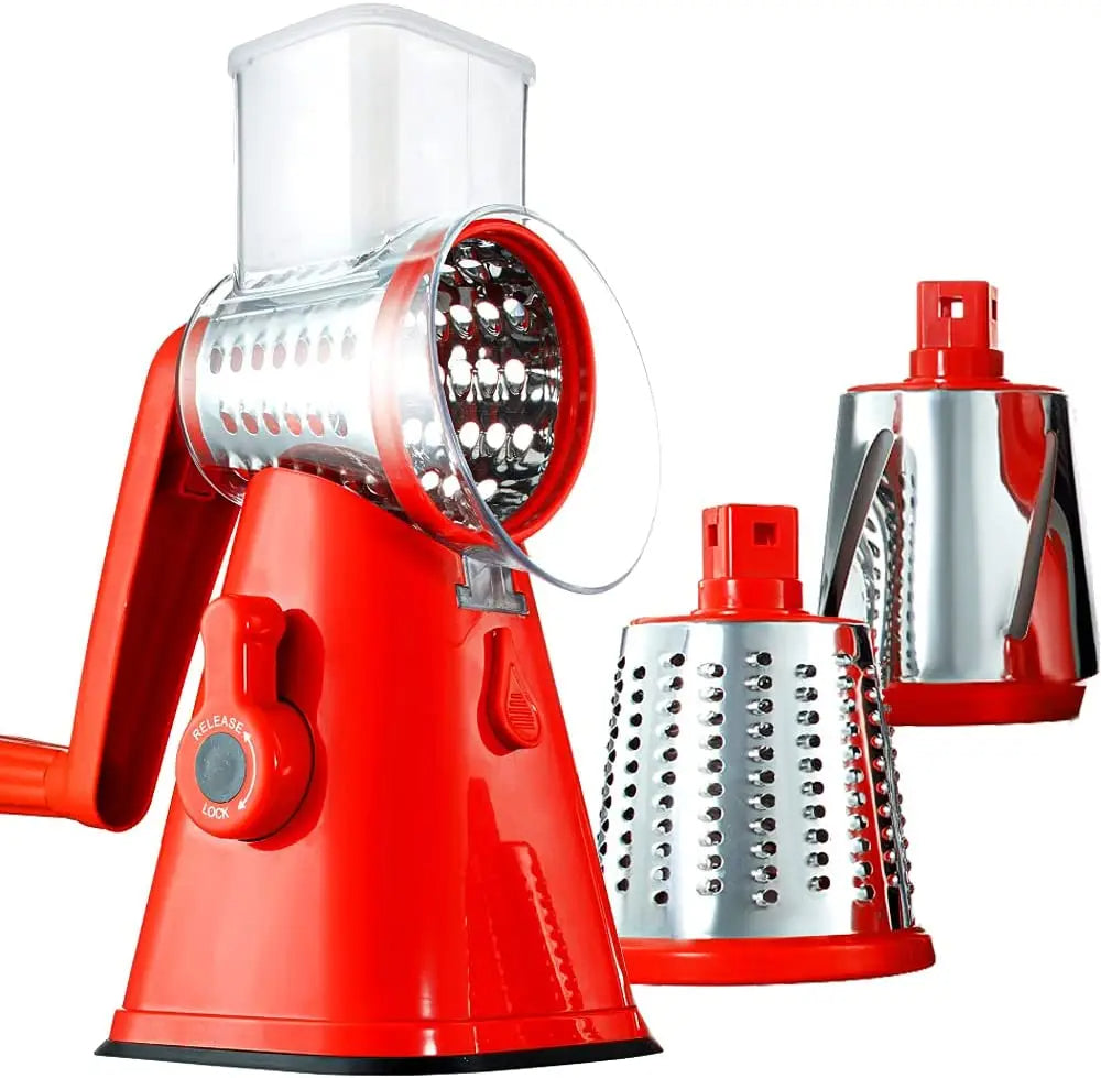 3 in 1 rotary cheese grater and vegetable slicer in red color with interchangeable blades and suction base (Color: Red)