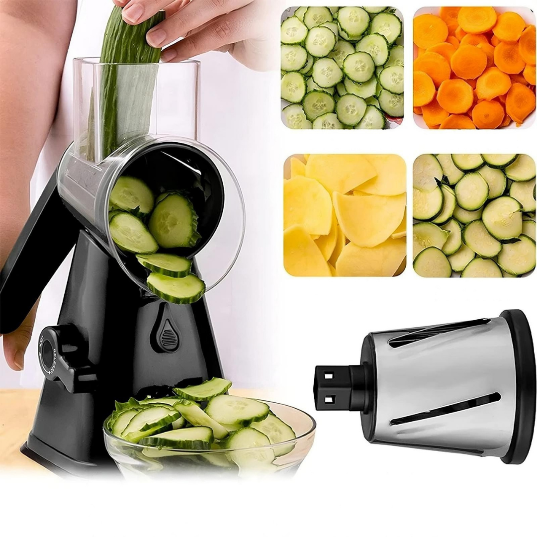 3 in 1 rotary cheese grater and vegetable slicer with interchangeable blades and suction base depiction of slicing blade