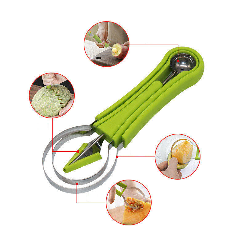 3 in 1 stainless steel multi-purpose fruit baller and scooper shown with use case depictions