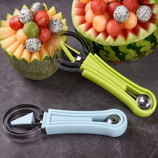 3 in 1 stainless steel multi-purpose fruit baller and scooper used to carve and serve fresh fruit