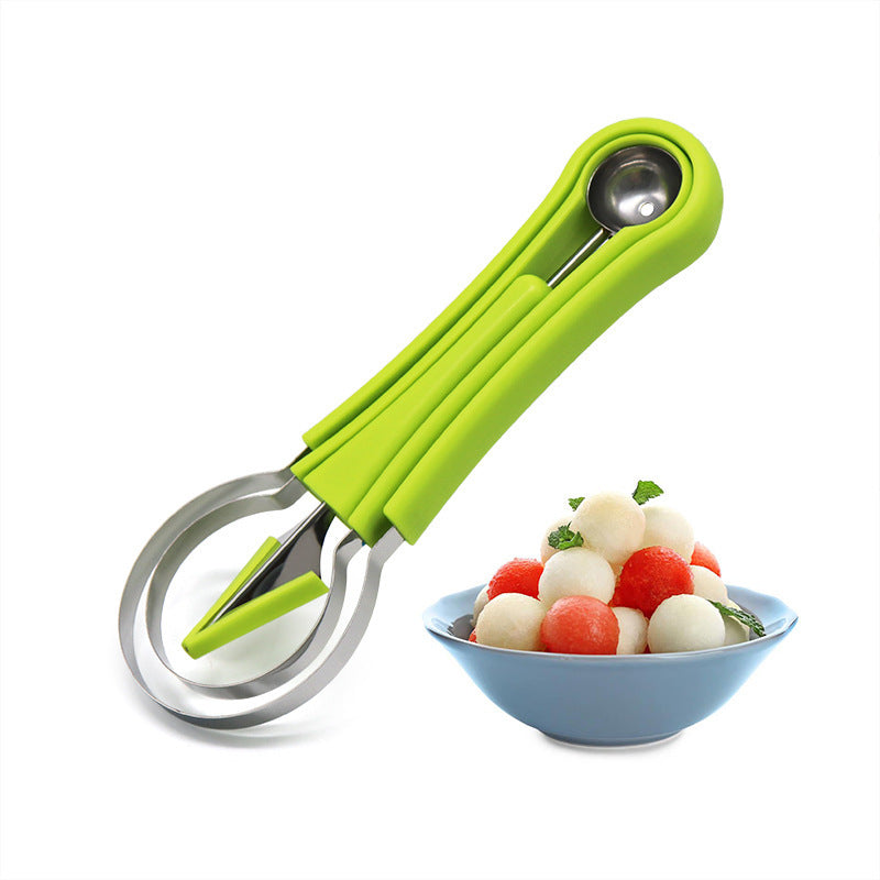 3 in 1 stainless steel multi-purpose fruit baller and scooper depicted with scooped fruit