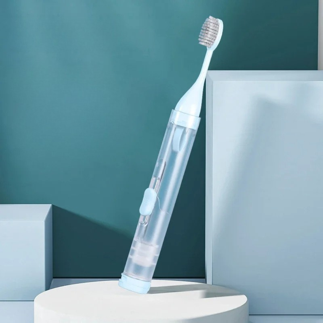 3 in 1 travel toothbrush in blue color with built in toothpaste tube and protective case (Color: Blue)