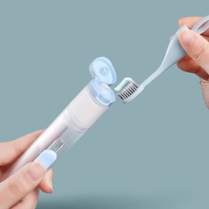 3 in 1 travel toothbrush with built in toothpaste tube and protective case depiction of toothpaste side use