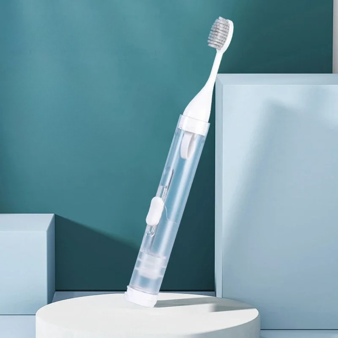 3 in 1 travel toothbrush in white color with built in toothpaste tube and protective case (Color: White)