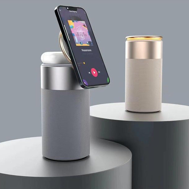 3 in 1 wireless charger speaker and touch activated ambient lamp with bluetooth audio and modern desk design duo