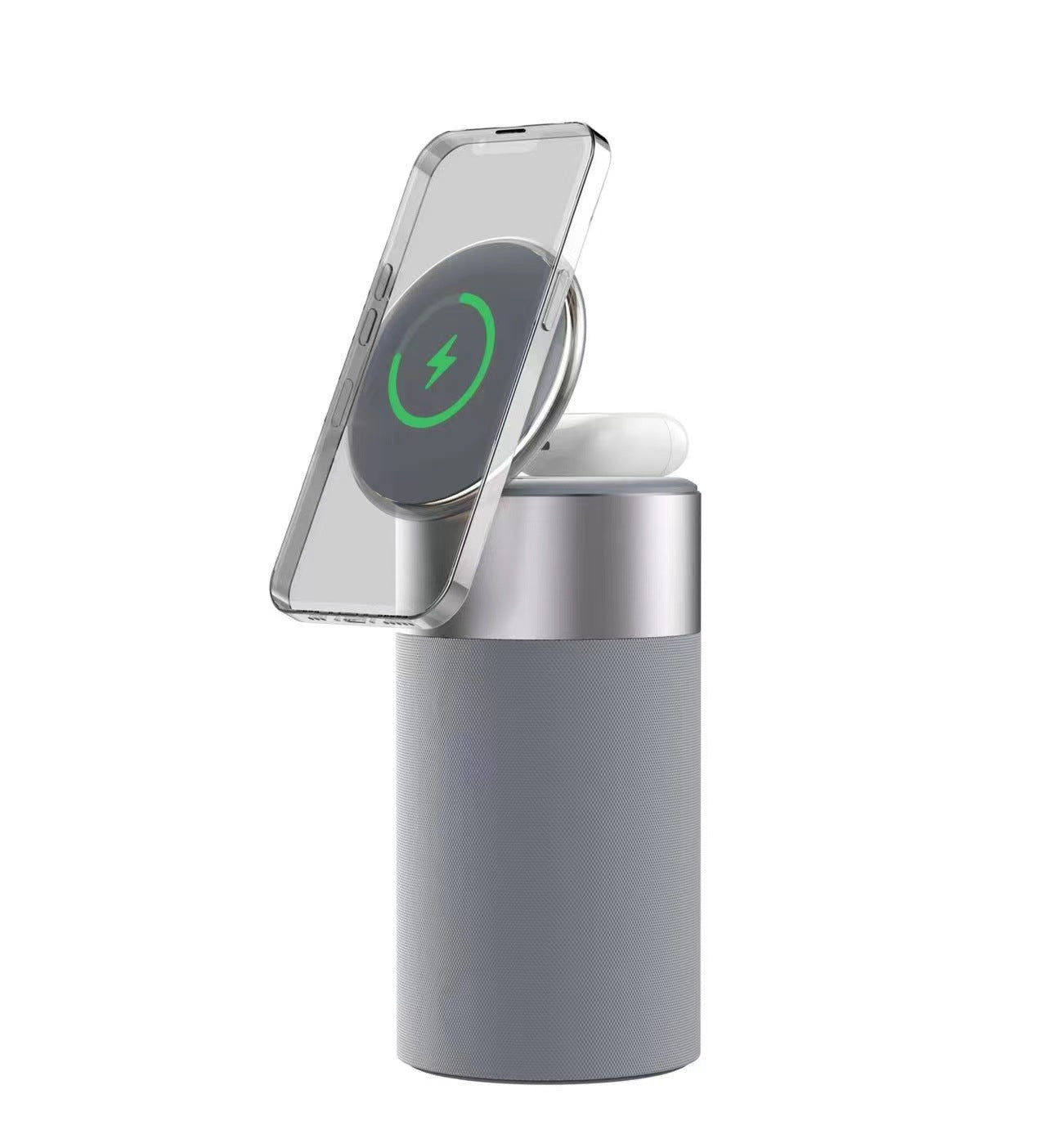 3 in 1 wireless charger speaker and touch activated ambient lamp in silver color with bluetooth audio and modern desk design (Color: Silver)