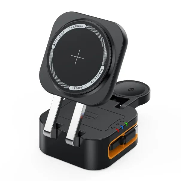 3 in 1 magnetic wireless charging station in black color for iphone apple watch and airpods with foldable travel design (Color: Black)